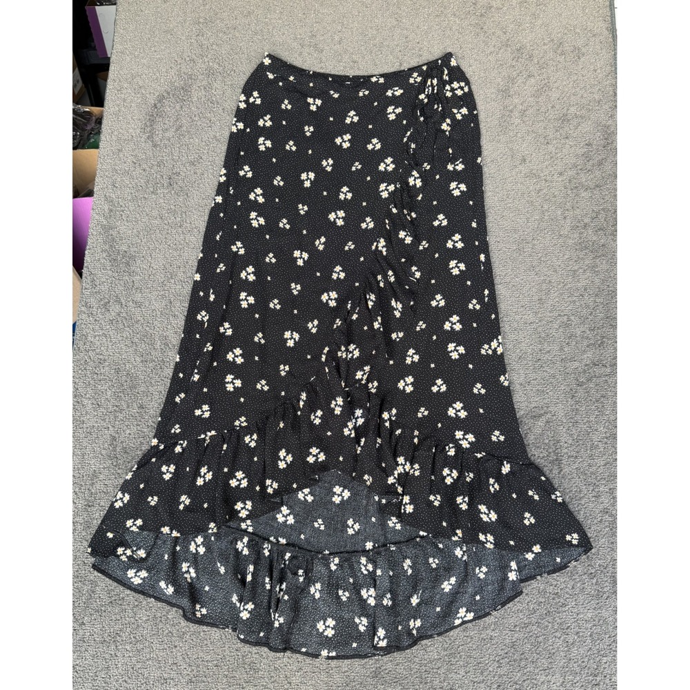 American Eagle Black Daisy Floral Ruffle High Low Maxi Skirt Medium